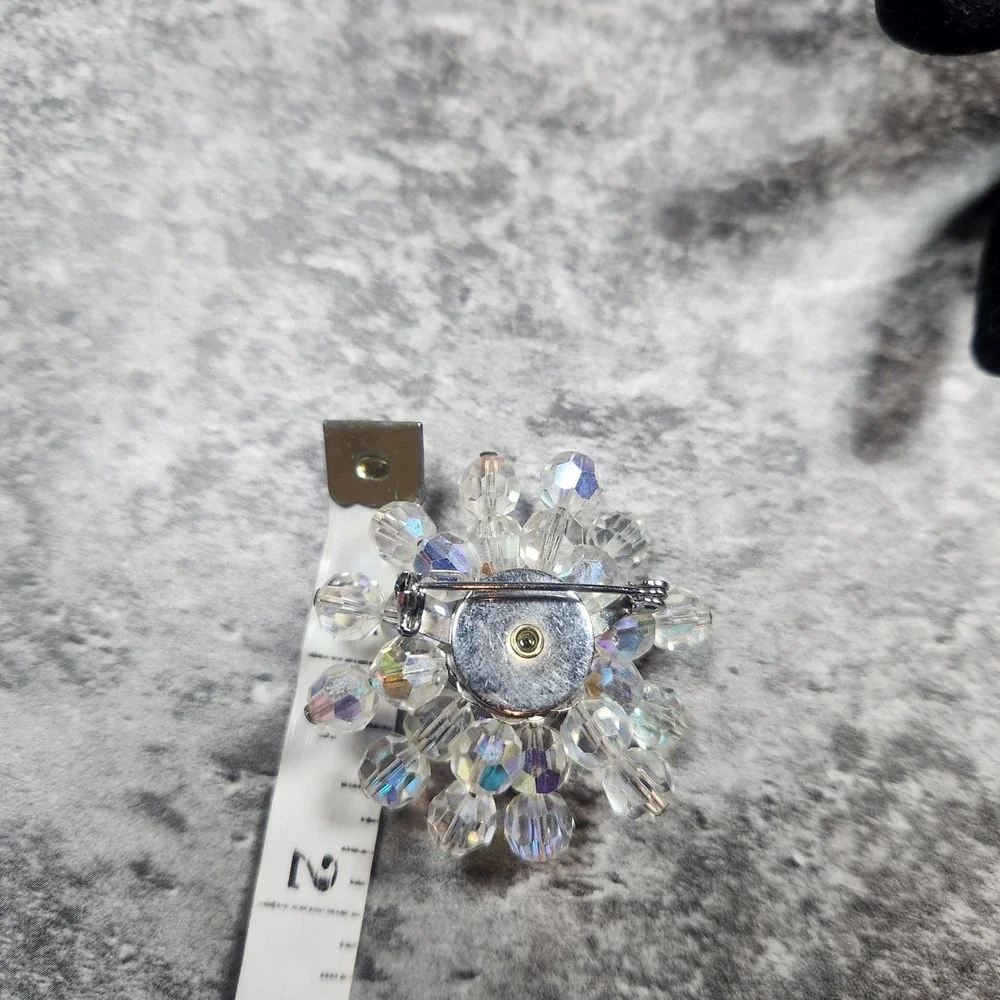 Vintage Aurora Borealis Crystal Bead Snowflake Brooch Silver Tone Iridescent